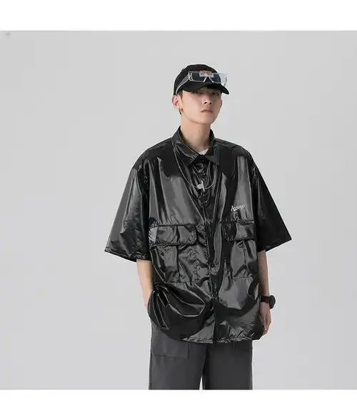 2021衬衫男感衬衣长袖宽松潮男搭配春外套潮流帅气亮面外套 黑色 m