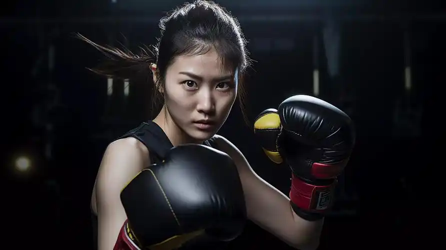 女子拳击运动肌肉发达的女人打沙袋健身肌肉训练拳击手女拳击手拳套