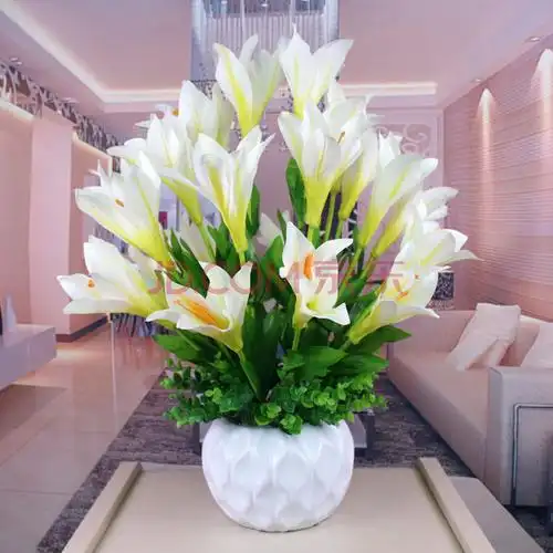 谷朵儿 仿真花百合套装假花 客厅家居装饰花艺摆放花卉盆栽 绢花 白色