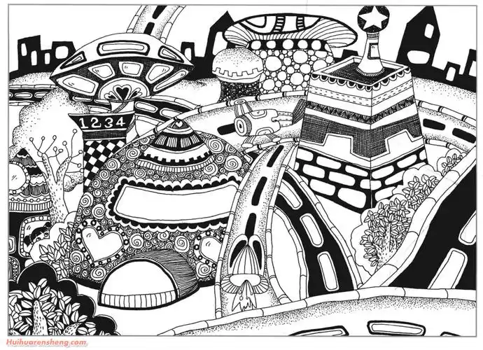 儿童美术线描科幻未来城市
