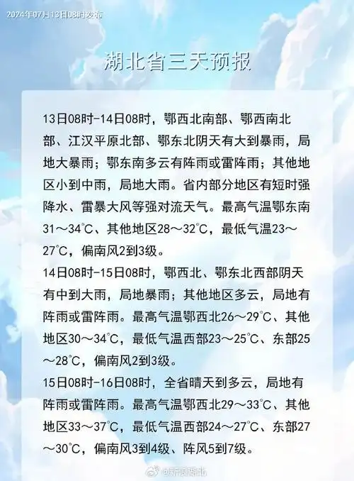 湖北多地将有大到暴雨##湖北预计将于7月15日出梅