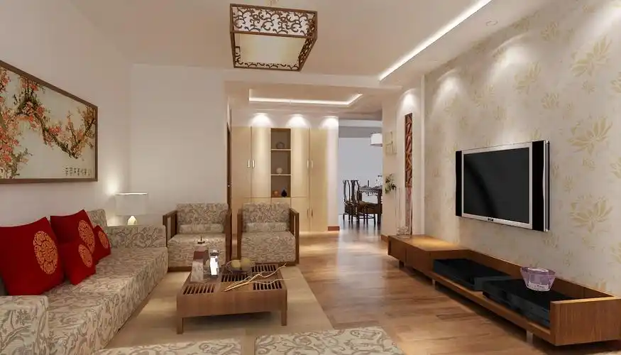 装饰画壁纸地柜沙发家具茶几客厅吊灯新中式风格客厅装修效果图