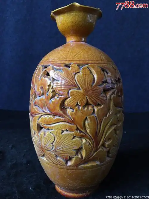唐代唐璜釉镂空雕花瓶_黄釉瓷_第1张_7788瓷器
