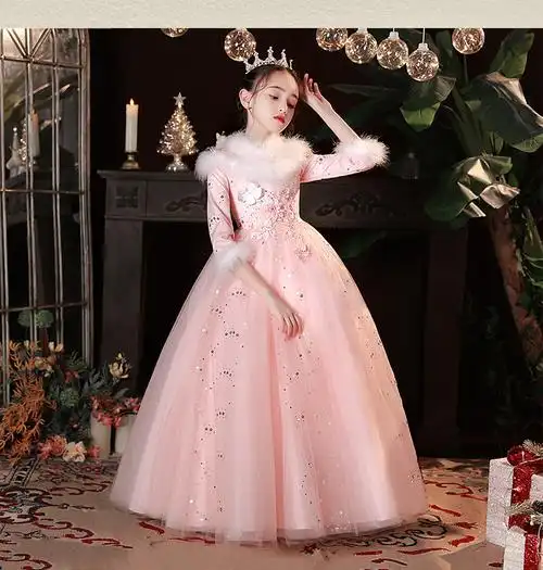 女童礼服春秋新款花童婚礼小女孩蓬蓬纱粉色公主裙加绒模特走秀裙