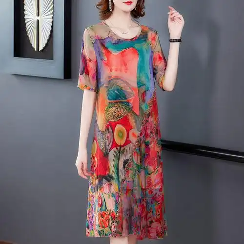 贵夫人洋气真丝桑蚕丝连衣裙女夏宽松重磅香云纱长裙子遮肚子气质