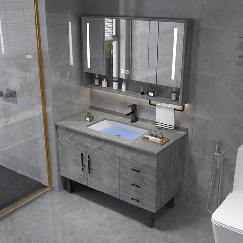 浴室柜组合轻奢简约岩板台面卫生间洗脸盆洗手台盆柜实木智能镜柜