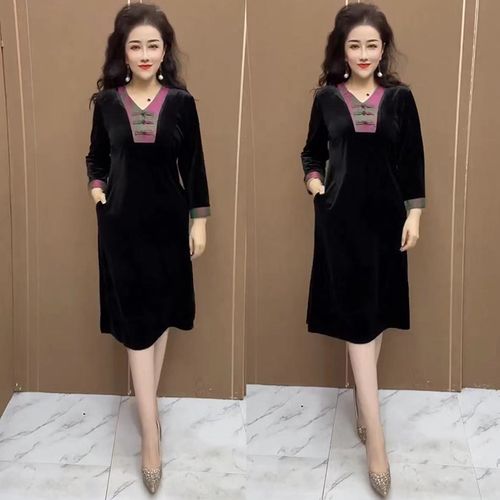 春秋v领金丝绒时尚大码连衣裙气质显瘦减龄中老年妈妈装打底长裙