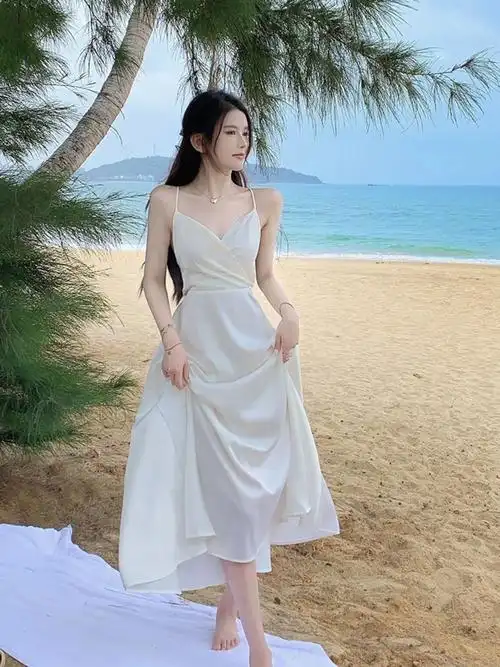 [双层有里布]抖音爆款吊带连衣裙女性感露背蝴蝶结白