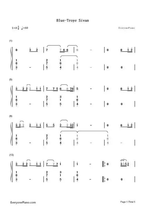 blue-troye sivan-钢琴谱文件(五线谱,双手简谱,数字谱,midi,pdf)免费