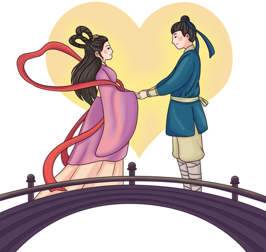 甜蜜牛郎织女鹊桥相会爱心情人节七夕透明底图片素材