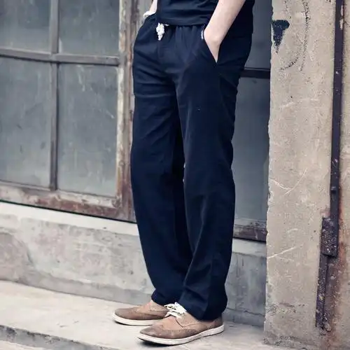 男士春季休闲裤宽松亚麻裤轻薄松紧系绳麻布裤直筒裤棉麻裤子飞瑶