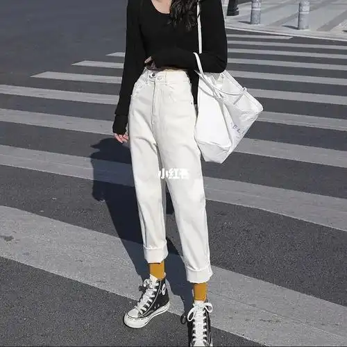 秋冬新款高腰米白色哈伦老爹裤遮肉又显瘦