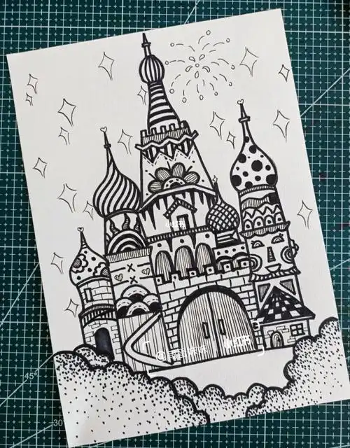 线描黑白装饰画国王子公主城堡控笔练习