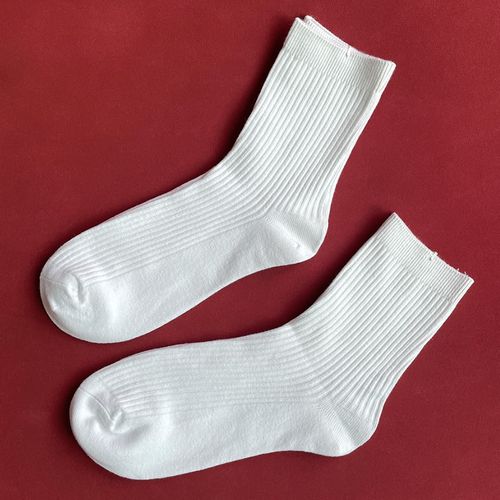 纯白袜子男士秋冬季中筒袜双针竖条纯色学生袜白棉袜简约百搭长袜