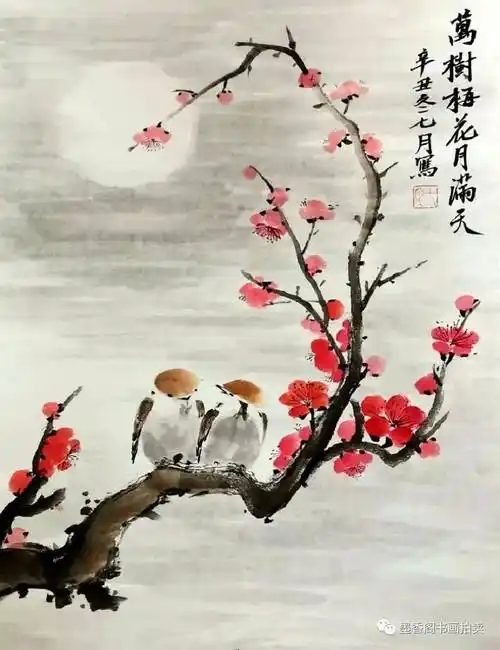 67国画教程写意万树梅花月满天画法