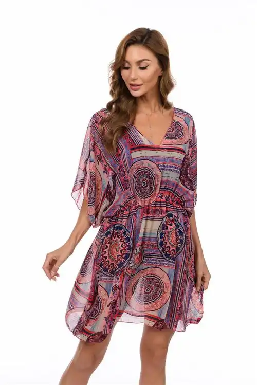 夏威夷沙滩裙欧美风大码松紧腰雪纺夏季海边度假比基尼防晒连衣裙