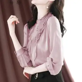 雪纺衫女百搭雪纺衫韩版女超仙女春款蕾丝上衣雪纺衬衫女士初秋新款边