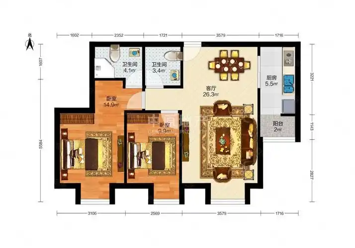 尚佳新苑2室2厅2卫96.22㎡南405万