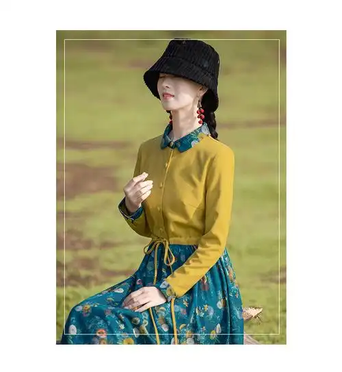 素订女装旗舰店原创品牌2022新款民族风棉麻拼接连衣裙