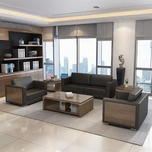 办公沙发茶几组合商务接待会客简约现代三人位木质真皮办公室沙发