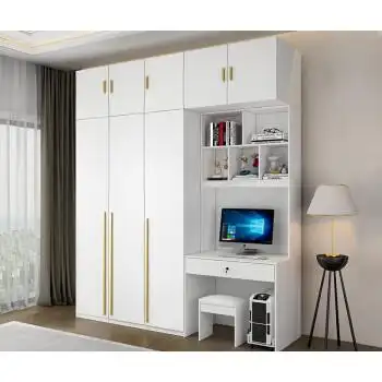 实木衣柜书桌一体组合小户型学习电脑桌卧室带转角书柜大衣橱 银色