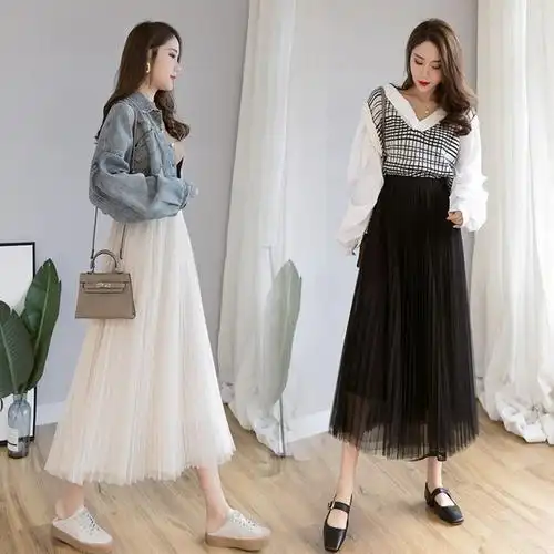 网纱_中长网纱裙高腰百褶裙秋冬新款半身裙百搭配毛衣外套超仙女长裙