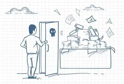 圆珠笔画涂鸦风格打开门看到象征繁重工作的文件职场人际交往配图图片