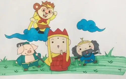 西游记人物简笔画4 步骤四: 最后画好的师徒四人进行涂色,云朵涂成