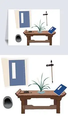 手绘文房四宝供桌子纸张砚兰花书本毛笔笔搁