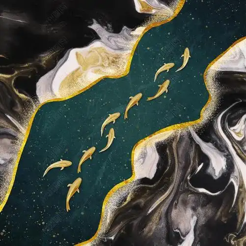 花纹图案新中式抽象水墨山水金色线条九鱼图花纹图案家居数码图案