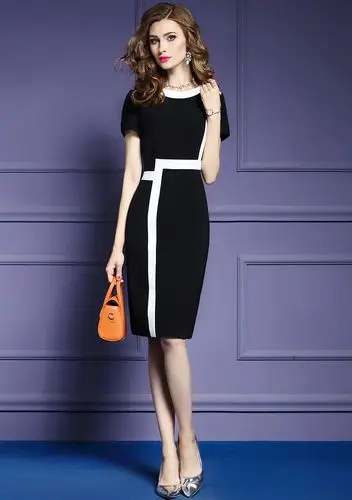 菲梦伊职业连衣裙女夏2018新款黑白撞色显瘦包臀短袖一步裙16834_7折