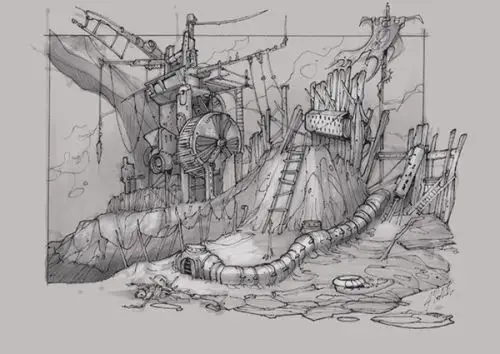 韩国插画师线稿——废墟图