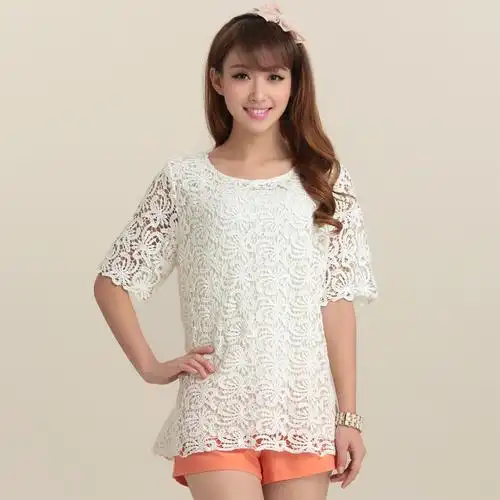 艾米恋 夏装韩版女装蕾丝上衣 宽松短袖圆领镂空蕾丝衫