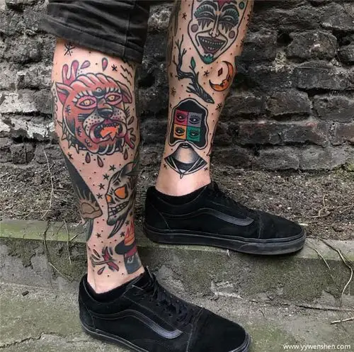 old school美式老学院风格的花退小腿纹身图案