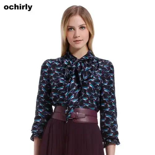 ochirly欧时力2012新女冬装系带动物印花真丝长袖衬衫1125014410