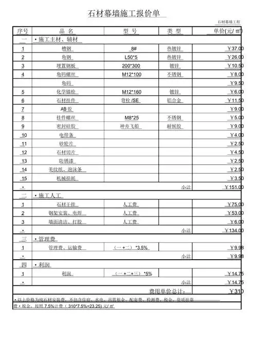 石材干挂报价单
