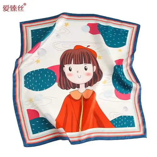 真丝小方巾女春秋夏薄款卡通手绘丝巾韩版时尚百搭气质桑蚕丝领巾