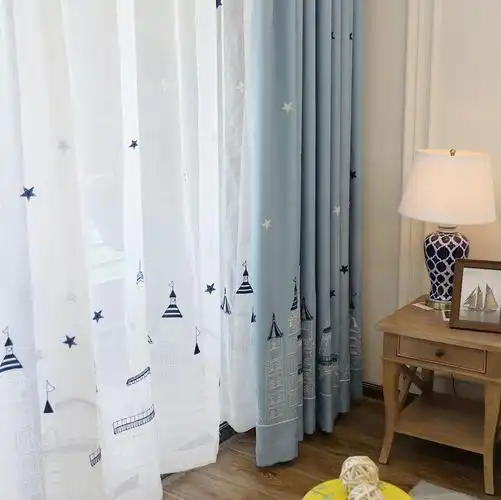 蓝色城堡简约现代儿童房窗帘男孩卧室卡通窗帘遮光布料成品落地窗