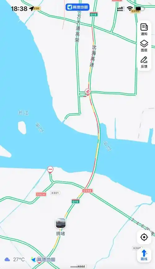 部分路段呈红色拥堵由北往南车多缓行g15沈海高速苏通大桥段18