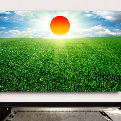 意境红太阳日出草原风景草地护眼海报画蓝天白云绿草招财镇宅壁画