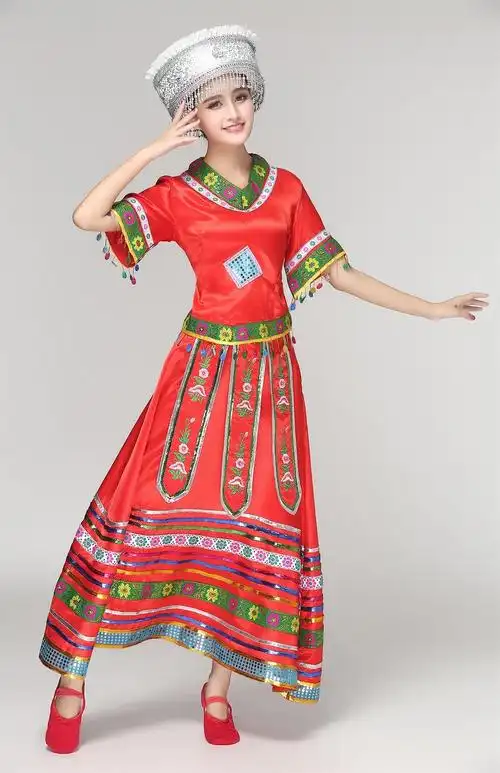 新苗族女装少数民族演出服土家族舞蹈服装壮族服装长款百褶裙促销