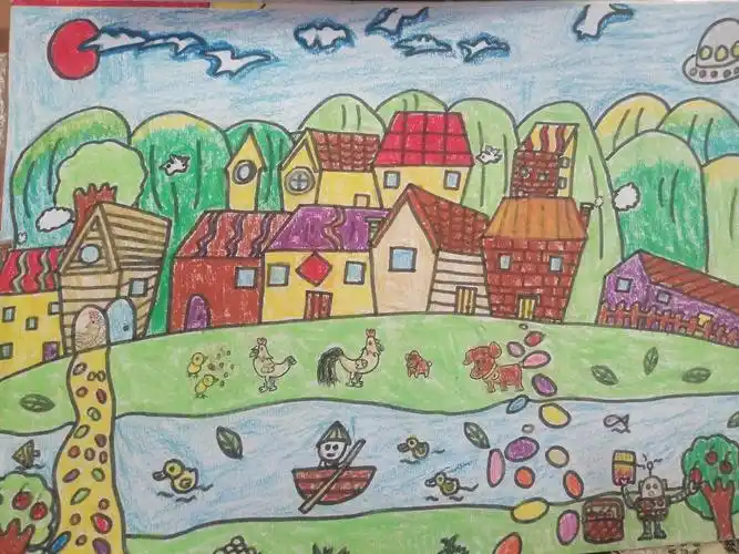 五年级第一学期用油画棒画的《美丽的村庄》