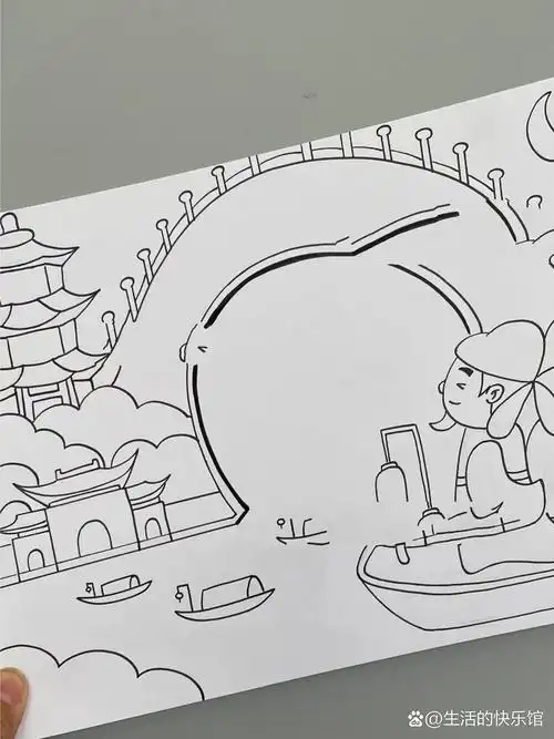 97秋天主题古诗配画模版|枫桥夜泊线稿 奇趣美育手抄报古诗配画系列