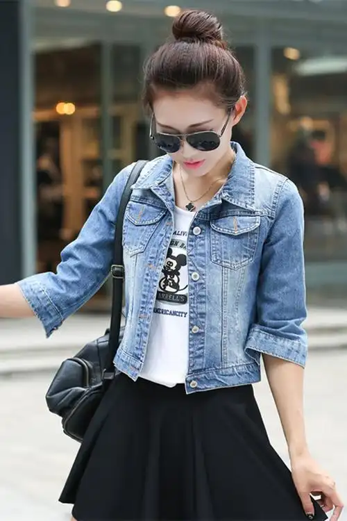 优选2018春夏装新款韩版修身复古短款牛仔外套女装七分袖中袖上衣
