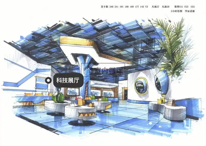 室内手绘展厅空间手绘室内马克笔考研