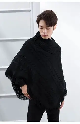 跨境外贸欧美日韩一件代发批发现货斗篷男披肩高领毛衣短款蝙蝠袖