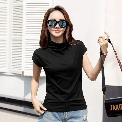 洋气高端半袖t恤女t针织半高领打底衫上衣女体恤内搭夏季黑色短袖