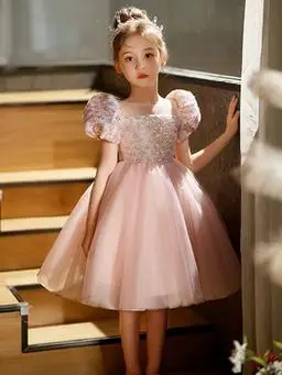 女童礼服高端儿童主持人钢琴演出服粉色女孩生日公主裙蓬蓬纱冬季