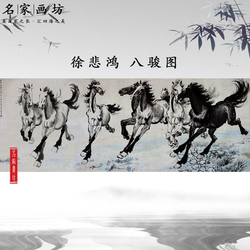 徐悲鸿八骏图国画水墨画客厅办公室装饰画动物写意画宣纸高清微喷