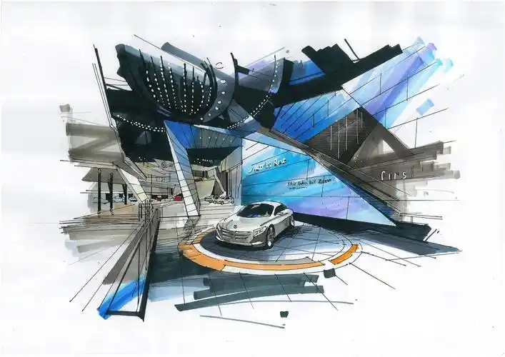 手绘教程|展陈展厅空间线稿 上色空间步骤解析图_vr设计云课堂-商业